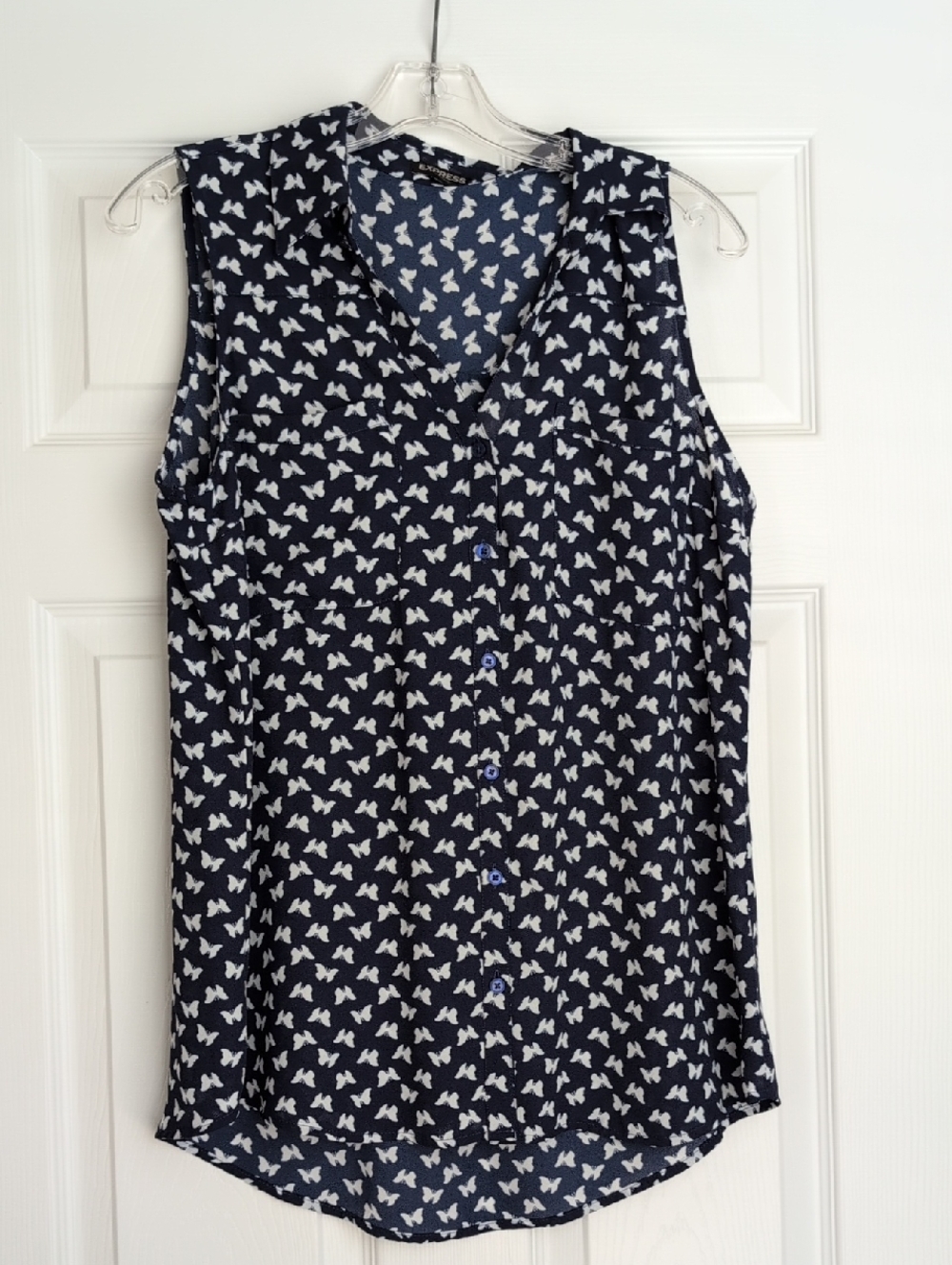 Express Navy Sleeveless Butterfly-Print Button Front Blouse